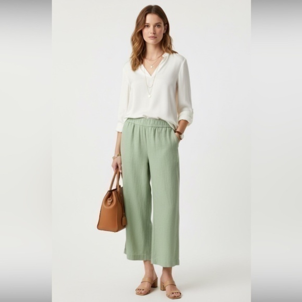 Pieces Pistachio Green Highrise Linen Blend Cropped Wide Leg Pants Sz Small